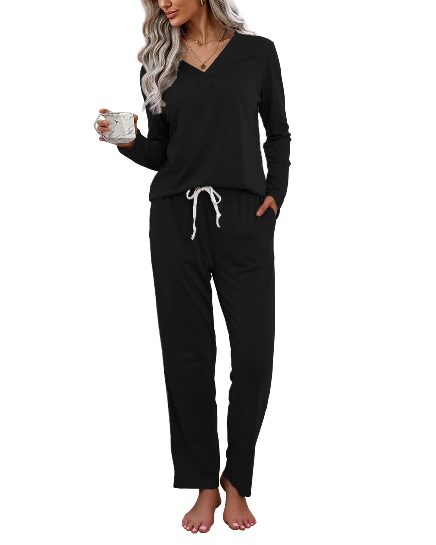 difficort Women's Pajama Sets Long Sleeve Lounge Sets Pjs Sleepwear with Pockets