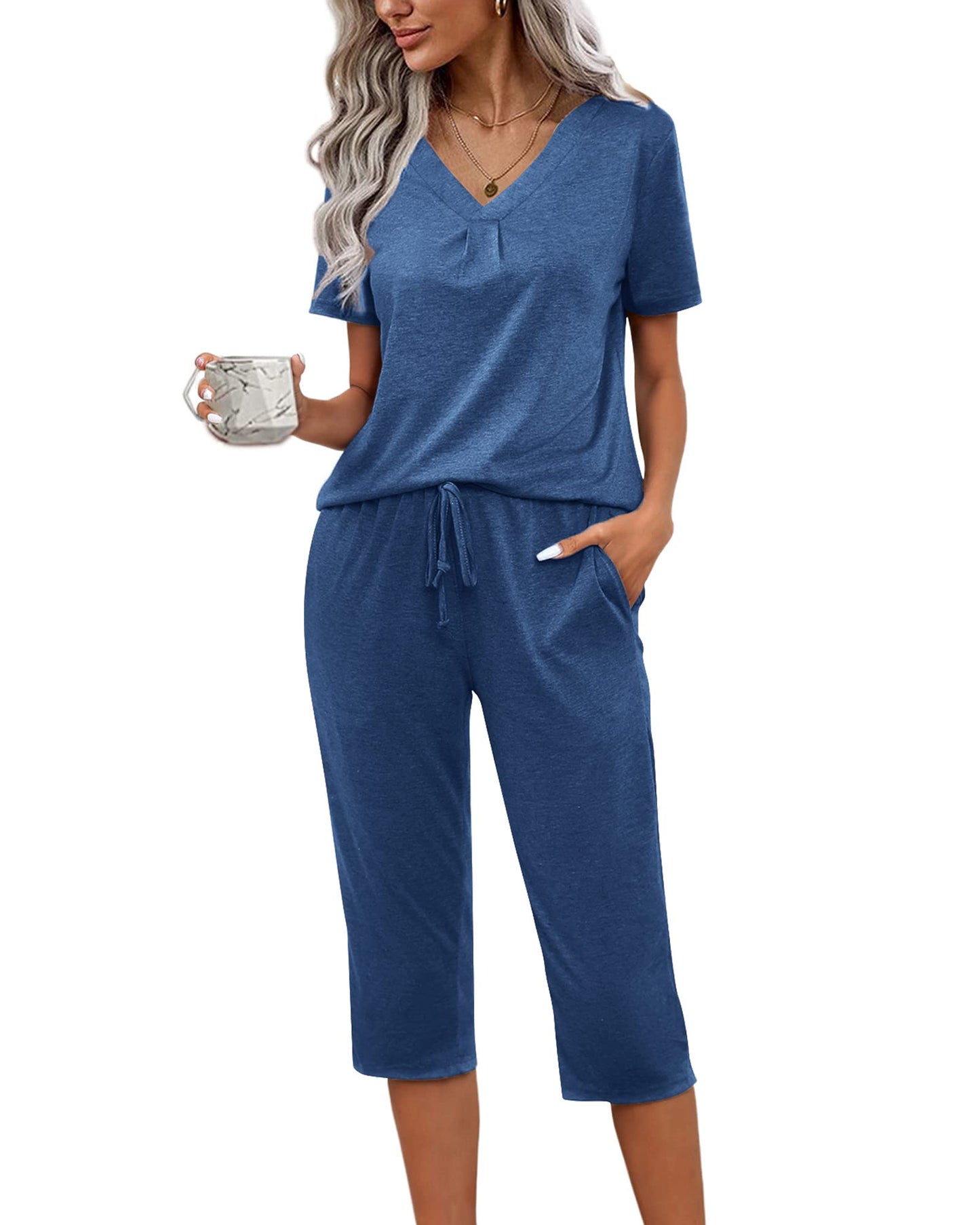 difficort Women's Pajama Sets Long Sleeve Lounge Sets Pjs Sleepwear with Pockets