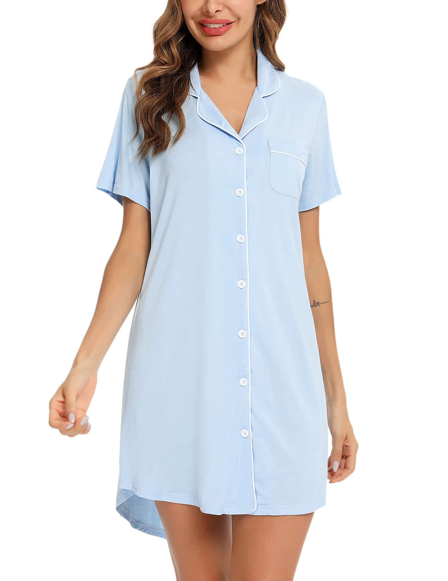 Anjue Pajama Nightgowns for Women Button Down Pajamas Tops Short/Long Sleeve Sleepwear Sleep Shirts Nightdress S-XXL