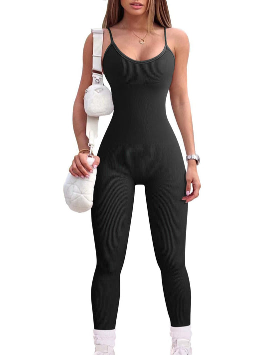 Women Workout Seamless Jumpsuit Yoga Ribbed Bodycon One Piece Spaghetti Strap Leggings Romper