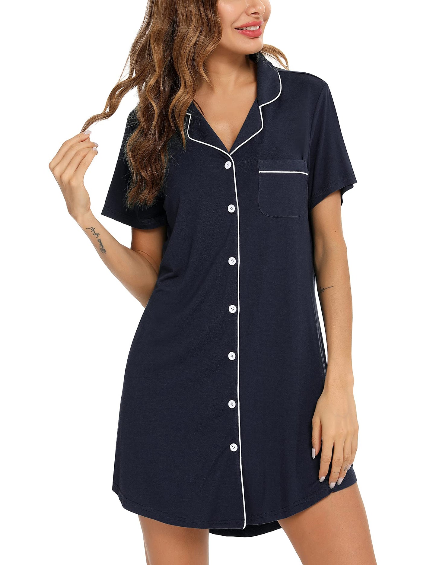 Anjue Pajama Nightgowns for Women Button Down Pajamas Tops Short/Long Sleeve Sleepwear Sleep Shirts Nightdress S-XXL