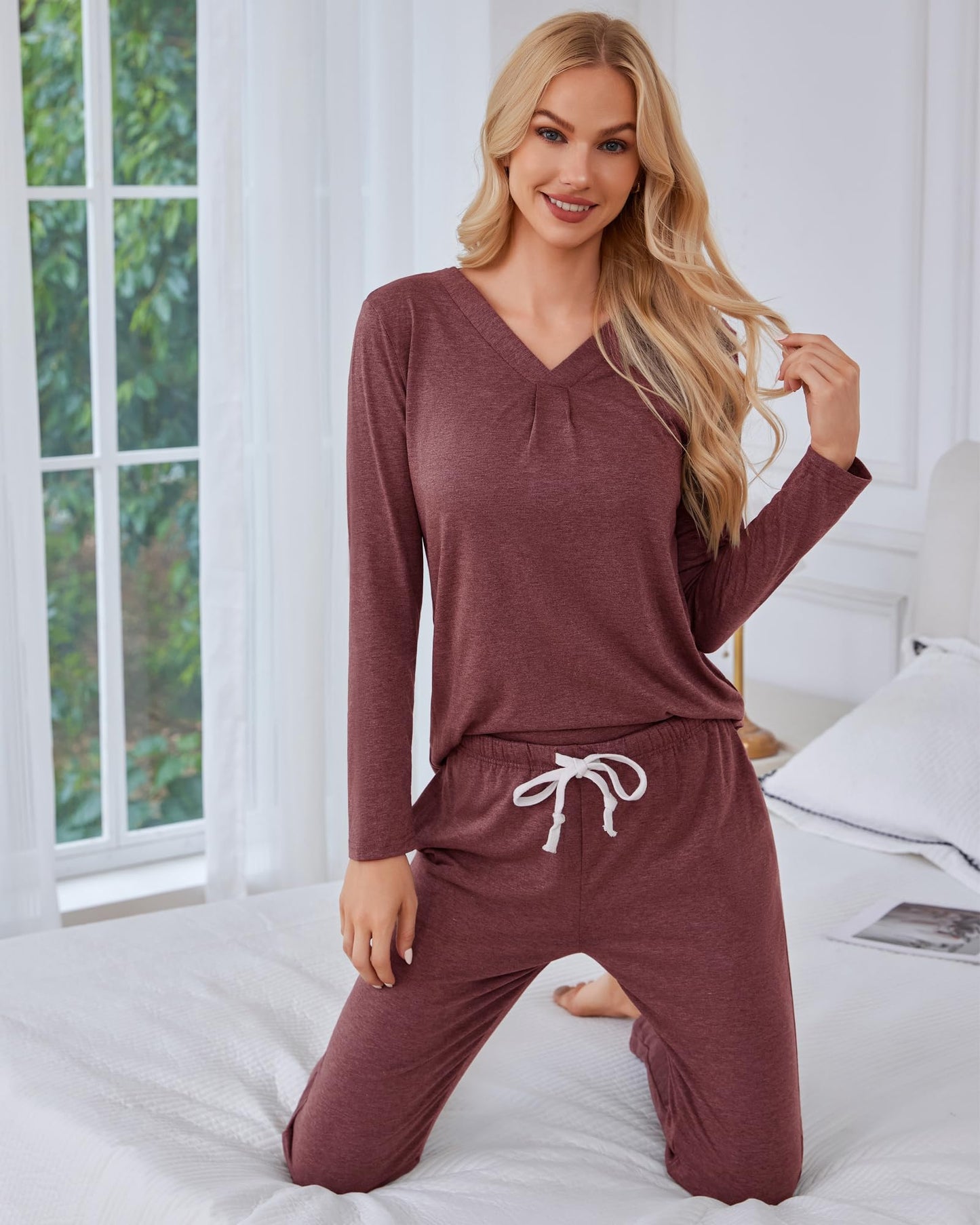 difficort Women's Pajama Sets Long Sleeve Lounge Sets Pjs Sleepwear with Pockets