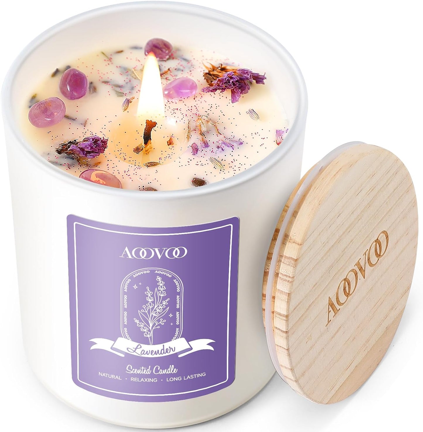 AOOVOO Lavender Scented Candles for Women - Aromatherapy Candle with Crystals Inside, 10oz Soy Candles for Home Scented, Christmas Birthday Gifts Candle for Women Mom