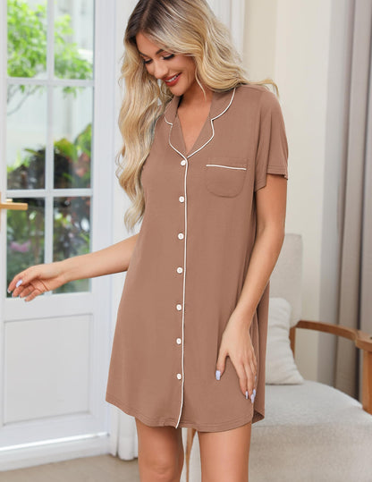 Anjue Pajama Nightgowns for Women Button Down Pajamas Tops Short/Long Sleeve Sleepwear Sleep Shirts Nightdress S-XXL