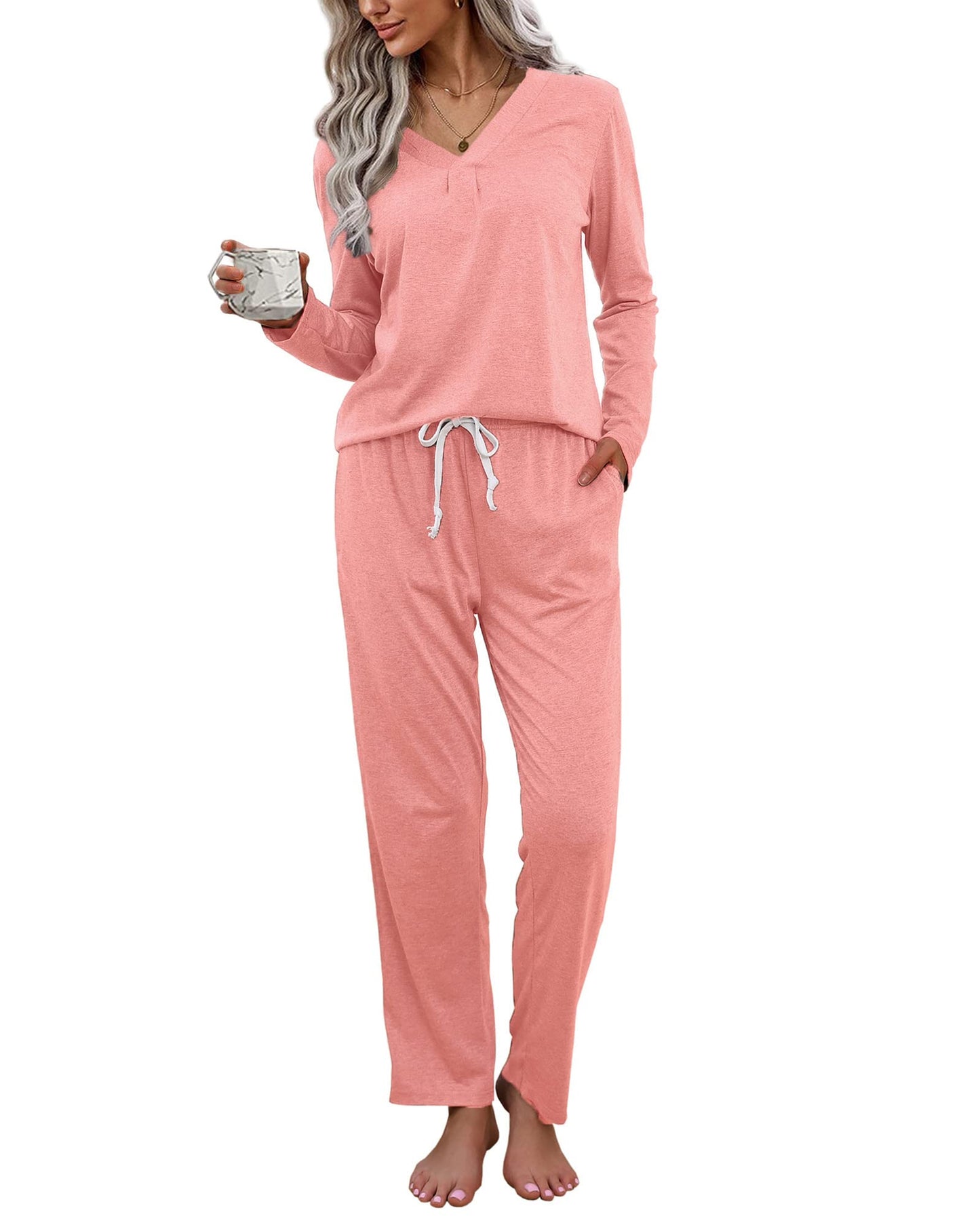 difficort Women's Pajama Sets Long Sleeve Lounge Sets Pjs Sleepwear with Pockets