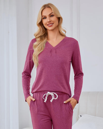 difficort Women's Pajama Sets Long Sleeve Lounge Sets Pjs Sleepwear with Pockets