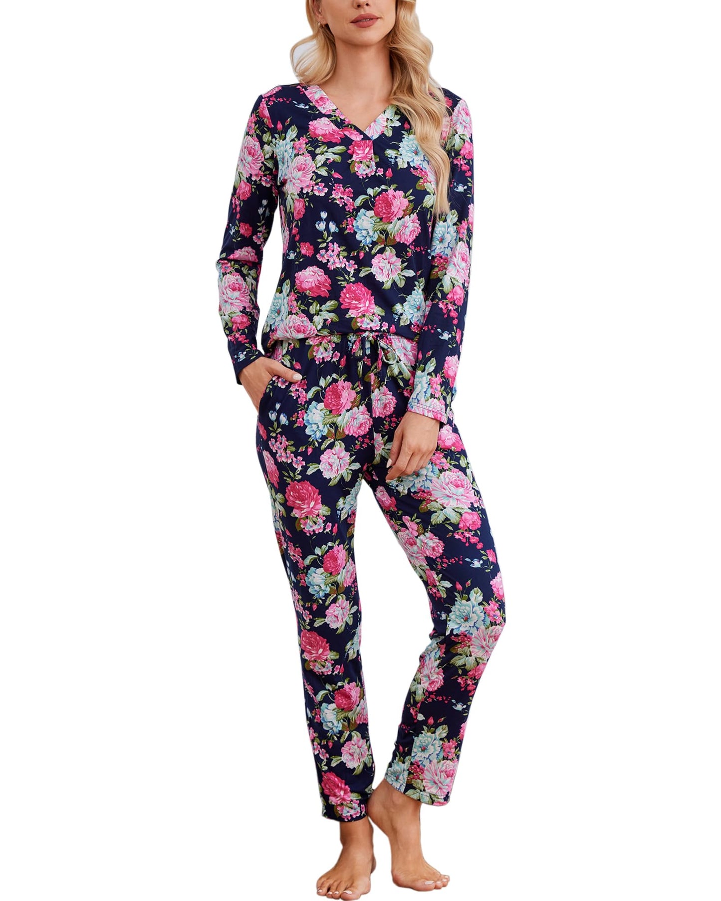 difficort Women's Pajama Sets Long Sleeve Lounge Sets Pjs Sleepwear with Pockets