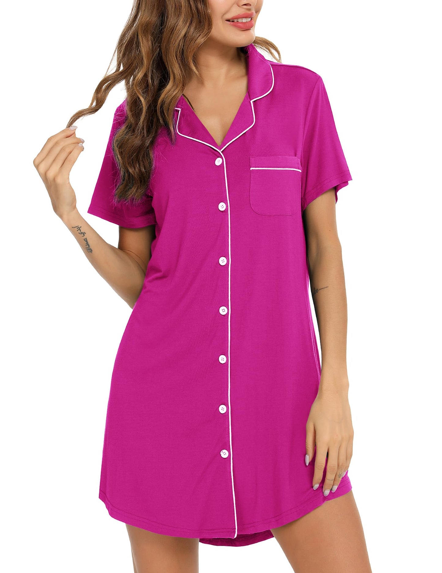 Anjue Pajama Nightgowns for Women Button Down Pajamas Tops Short/Long Sleeve Sleepwear Sleep Shirts Nightdress S-XXL