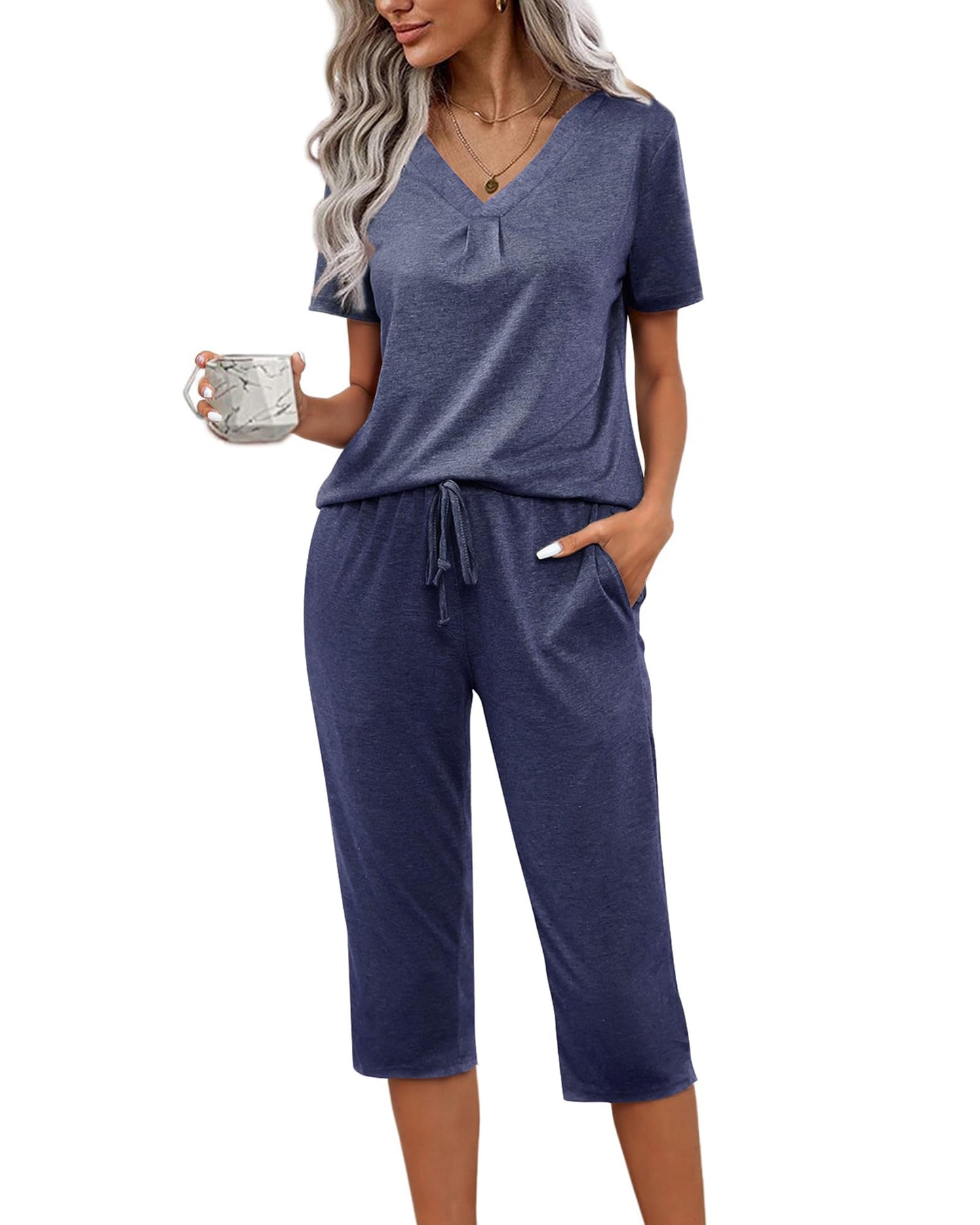 difficort Women's Pajama Sets Long Sleeve Lounge Sets Pjs Sleepwear with Pockets