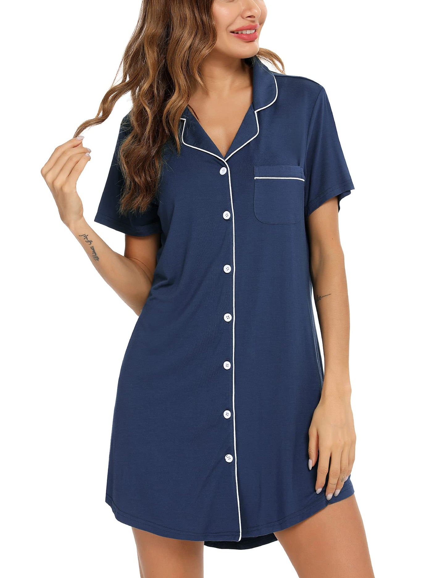 Anjue Pajama Nightgowns for Women Button Down Pajamas Tops Short/Long Sleeve Sleepwear Sleep Shirts Nightdress S-XXL