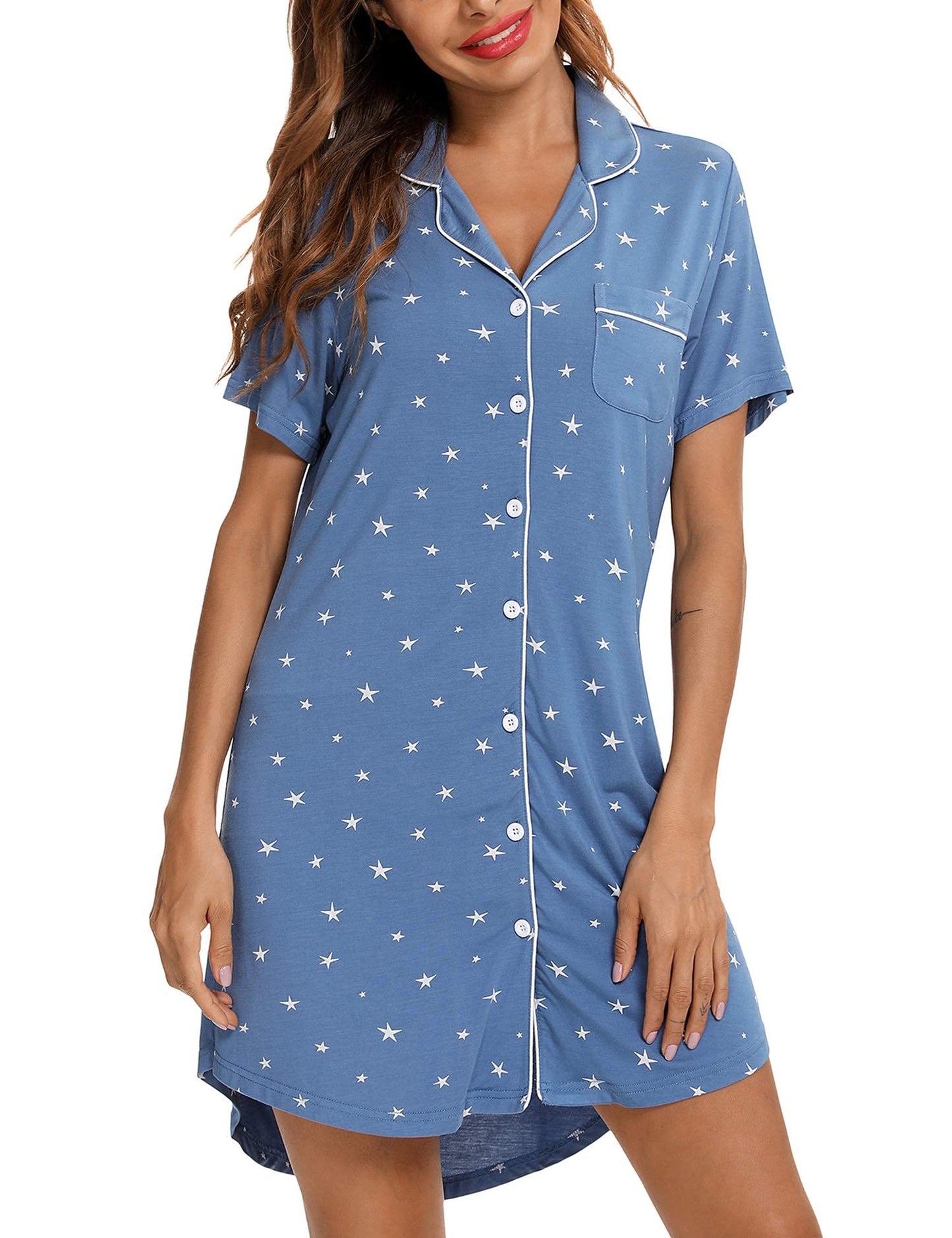 Anjue Pajama Nightgowns for Women Button Down Pajamas Tops Short/Long Sleeve Sleepwear Sleep Shirts Nightdress S-XXL