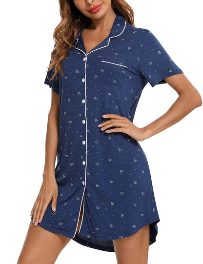 Anjue Pajama Nightgowns for Women Button Down Pajamas Tops Short/Long Sleeve Sleepwear Sleep Shirts Nightdress S-XXL