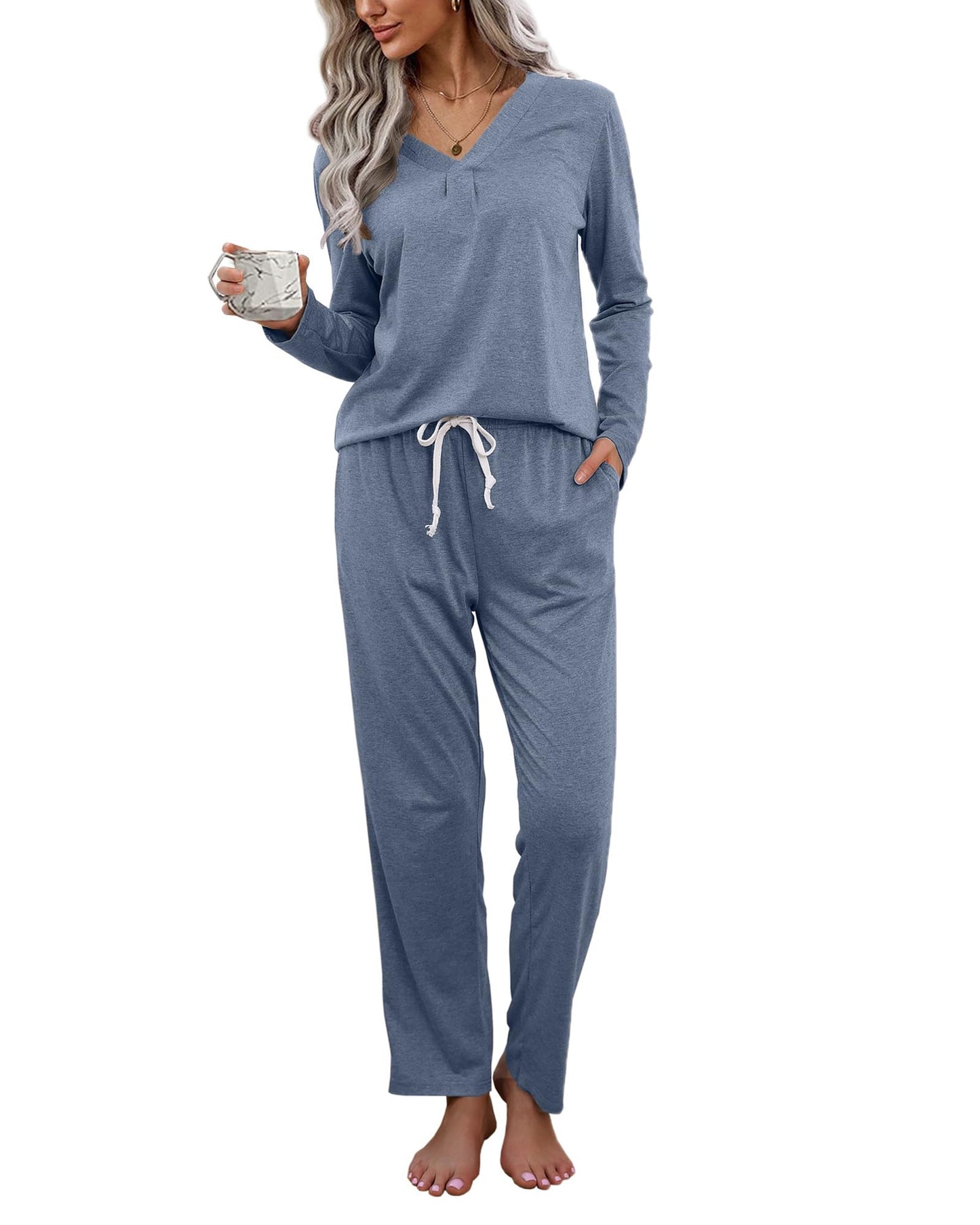 difficort Women's Pajama Sets Long Sleeve Lounge Sets Pjs Sleepwear with Pockets