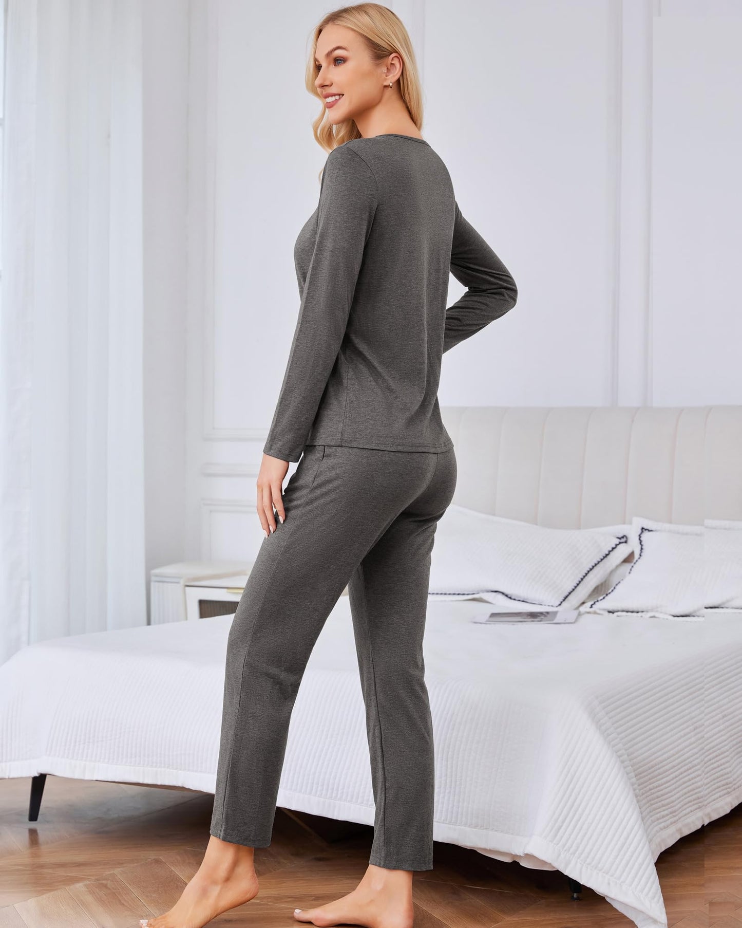 difficort Women's Pajama Sets Long Sleeve Lounge Sets Pjs Sleepwear with Pockets