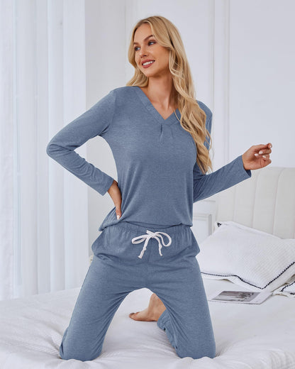 difficort Women's Pajama Sets Long Sleeve Lounge Sets Pjs Sleepwear with Pockets