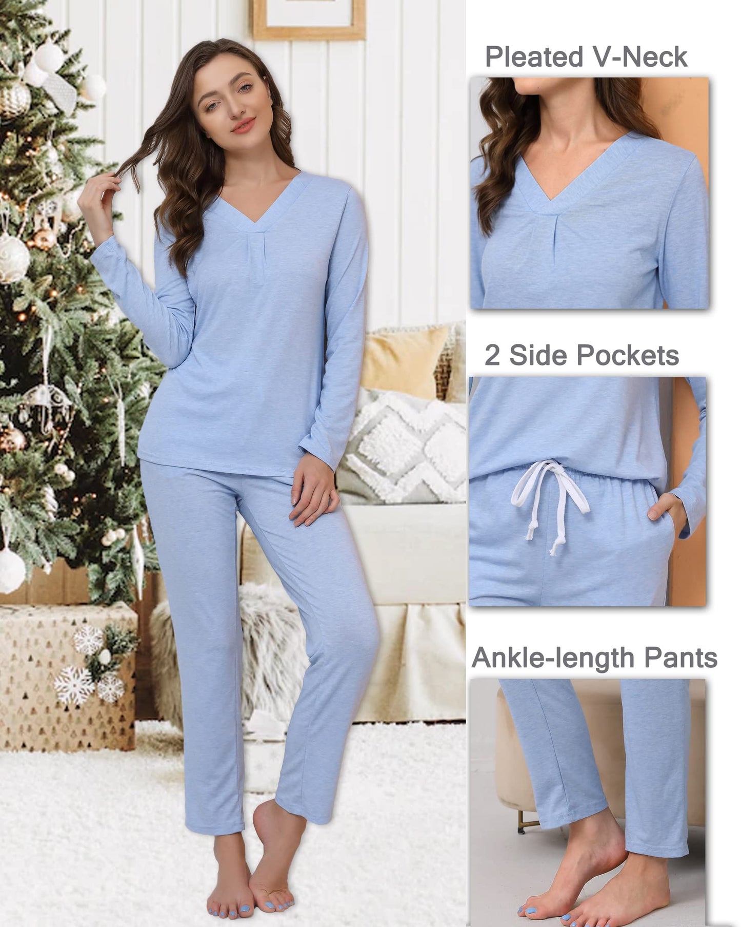 difficort Women's Pajama Sets Long Sleeve Lounge Sets Pjs Sleepwear with Pockets