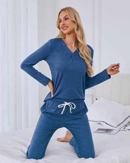 difficort Women's Pajama Sets Long Sleeve Lounge Sets Pjs Sleepwear with Pockets