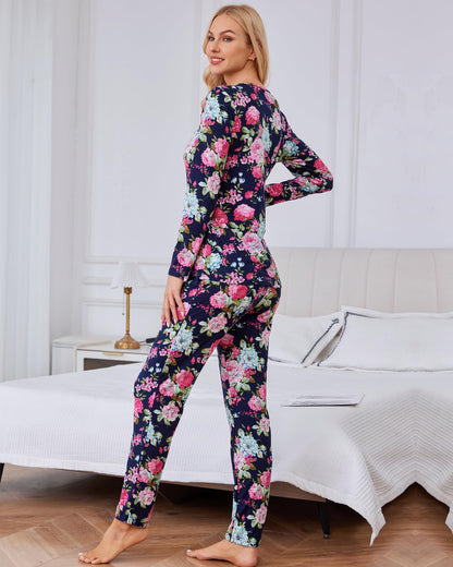 difficort Women's Pajama Sets Long Sleeve Lounge Sets Pjs Sleepwear with Pockets