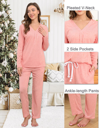 difficort Women's Pajama Sets Long Sleeve Lounge Sets Pjs Sleepwear with Pockets