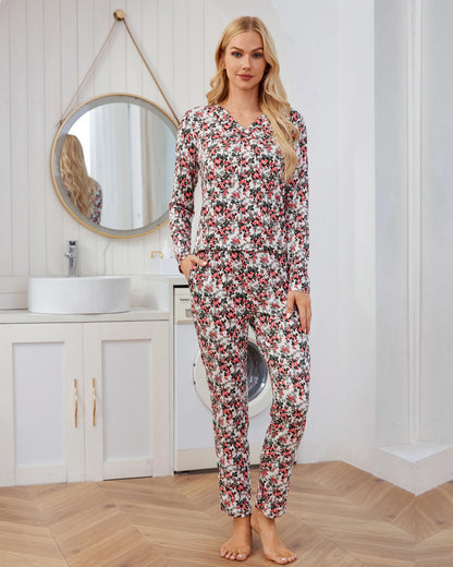 difficort Women's Pajama Sets Long Sleeve Lounge Sets Pjs Sleepwear with Pockets