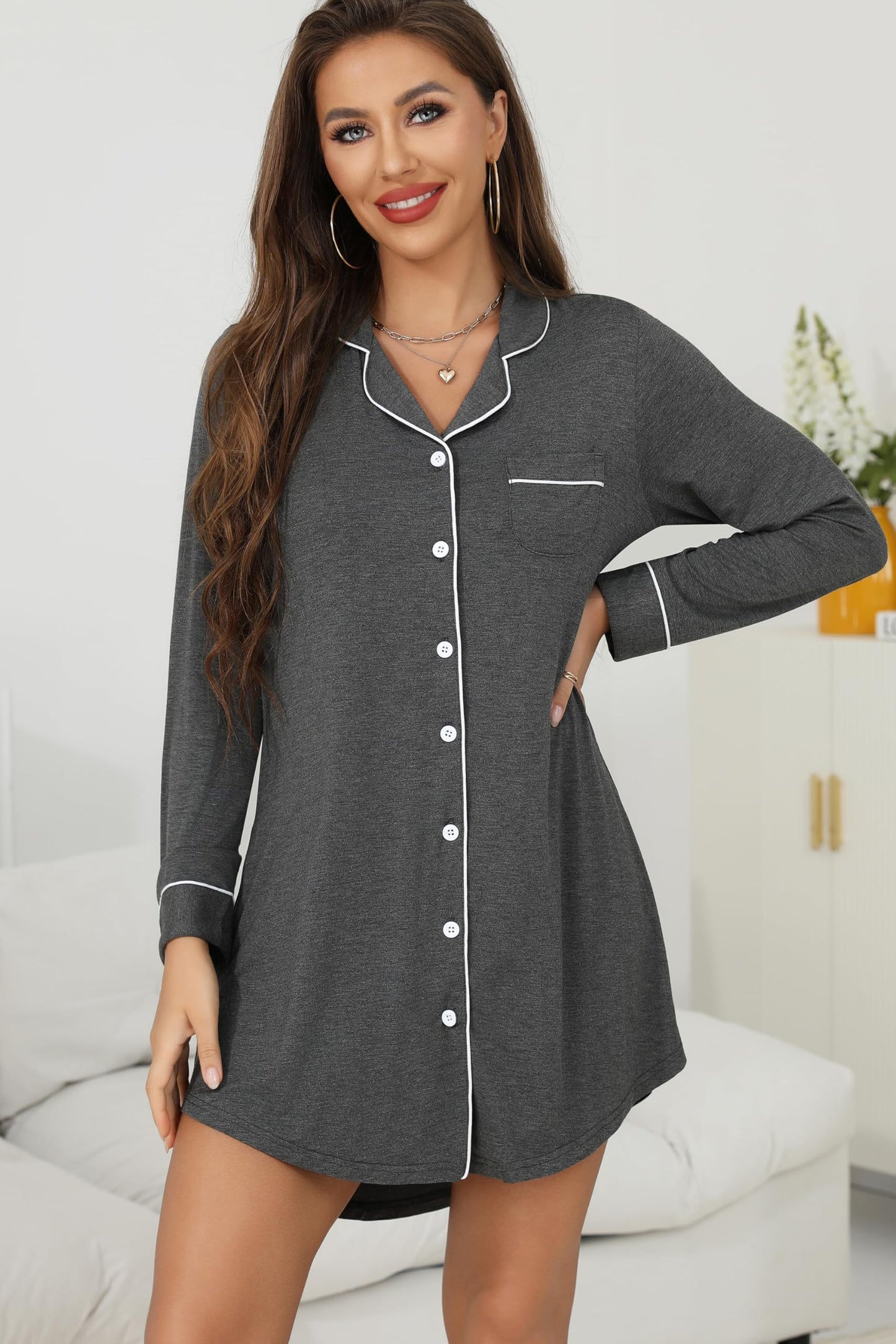 Anjue Pajama Nightgowns for Women Button Down Pajamas Tops Short/Long Sleeve Sleepwear Sleep Shirts Nightdress S-XXL