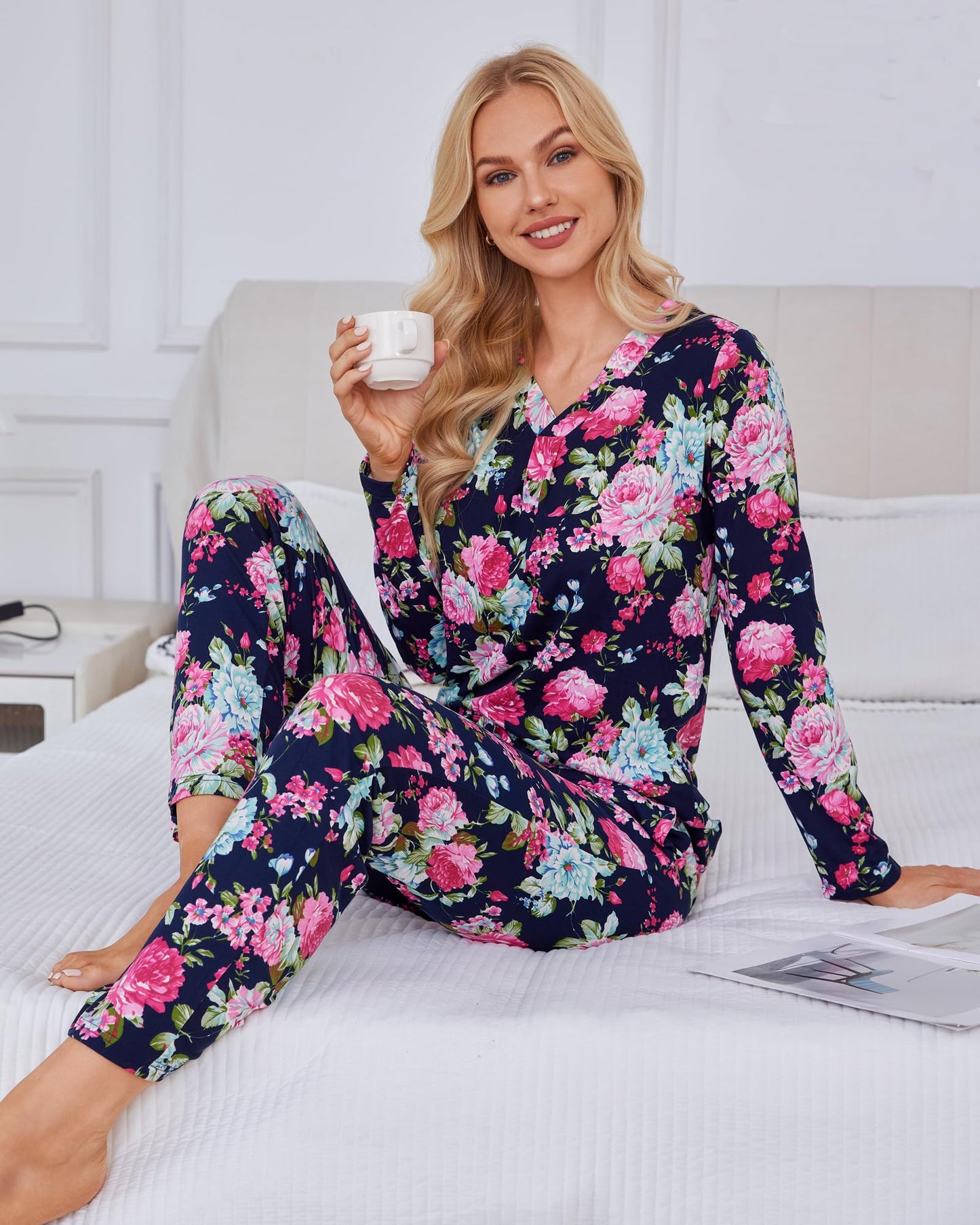 difficort Women's Pajama Sets Long Sleeve Lounge Sets Pjs Sleepwear with Pockets