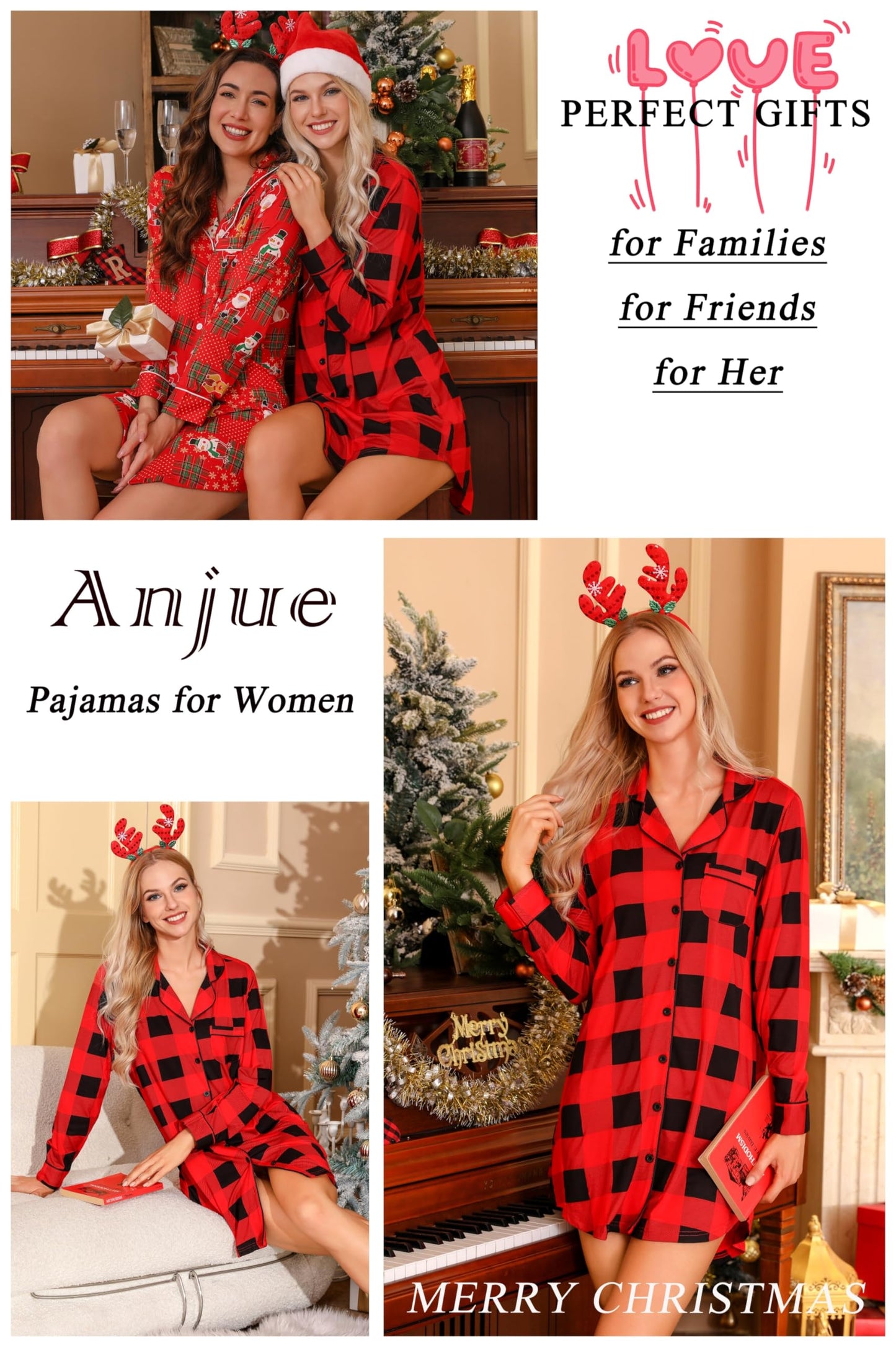 Anjue Pajama Nightgowns for Women Button Down Pajamas Tops Short/Long Sleeve Sleepwear Sleep Shirts Nightdress S-XXL