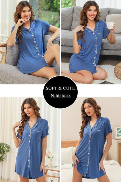 Anjue Pajama Nightgowns for Women Button Down Pajamas Tops Short/Long Sleeve Sleepwear Sleep Shirts Nightdress S-XXL