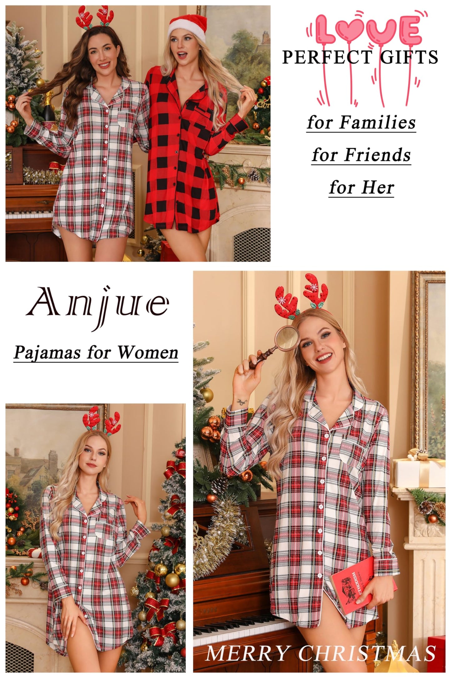 Anjue Pajama Nightgowns for Women Button Down Pajamas Tops Short/Long Sleeve Sleepwear Sleep Shirts Nightdress S-XXL